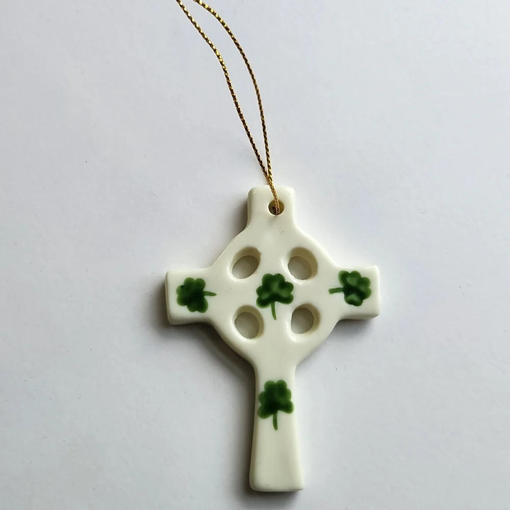 White and Green Ceramic Cross Ornament